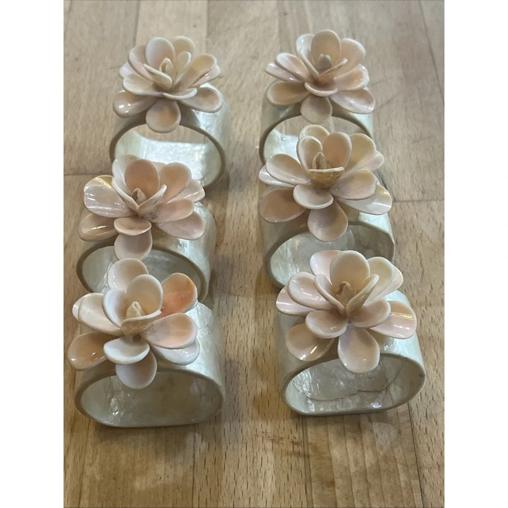 Vintage Capiz Shell Napkin Rings Pink/ Pearl Floral Design Set Of 6 Elegant